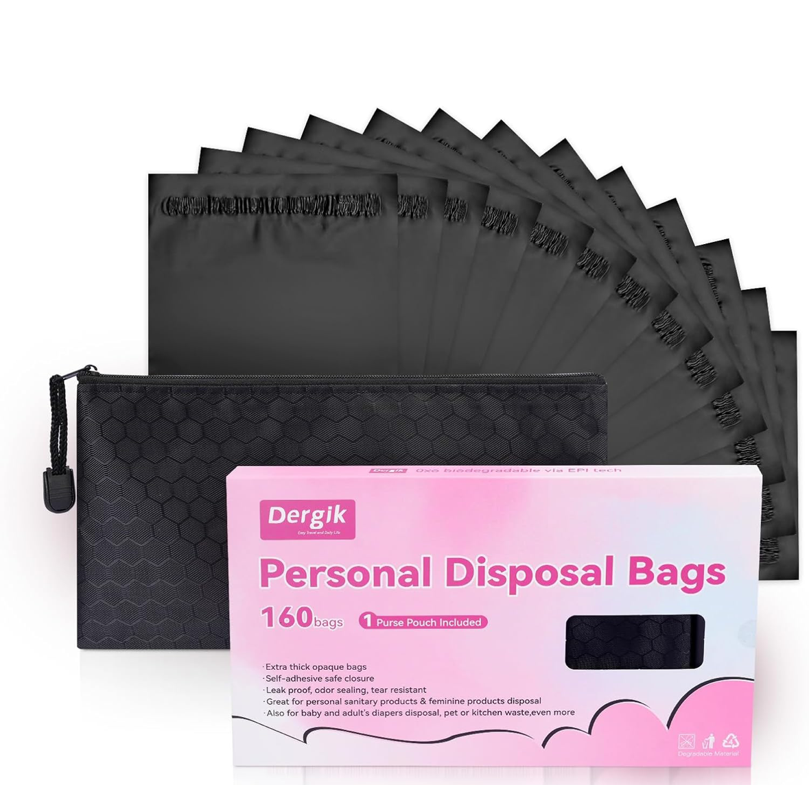 Pack of black personal disposal bags with a pink and white label on a white background.