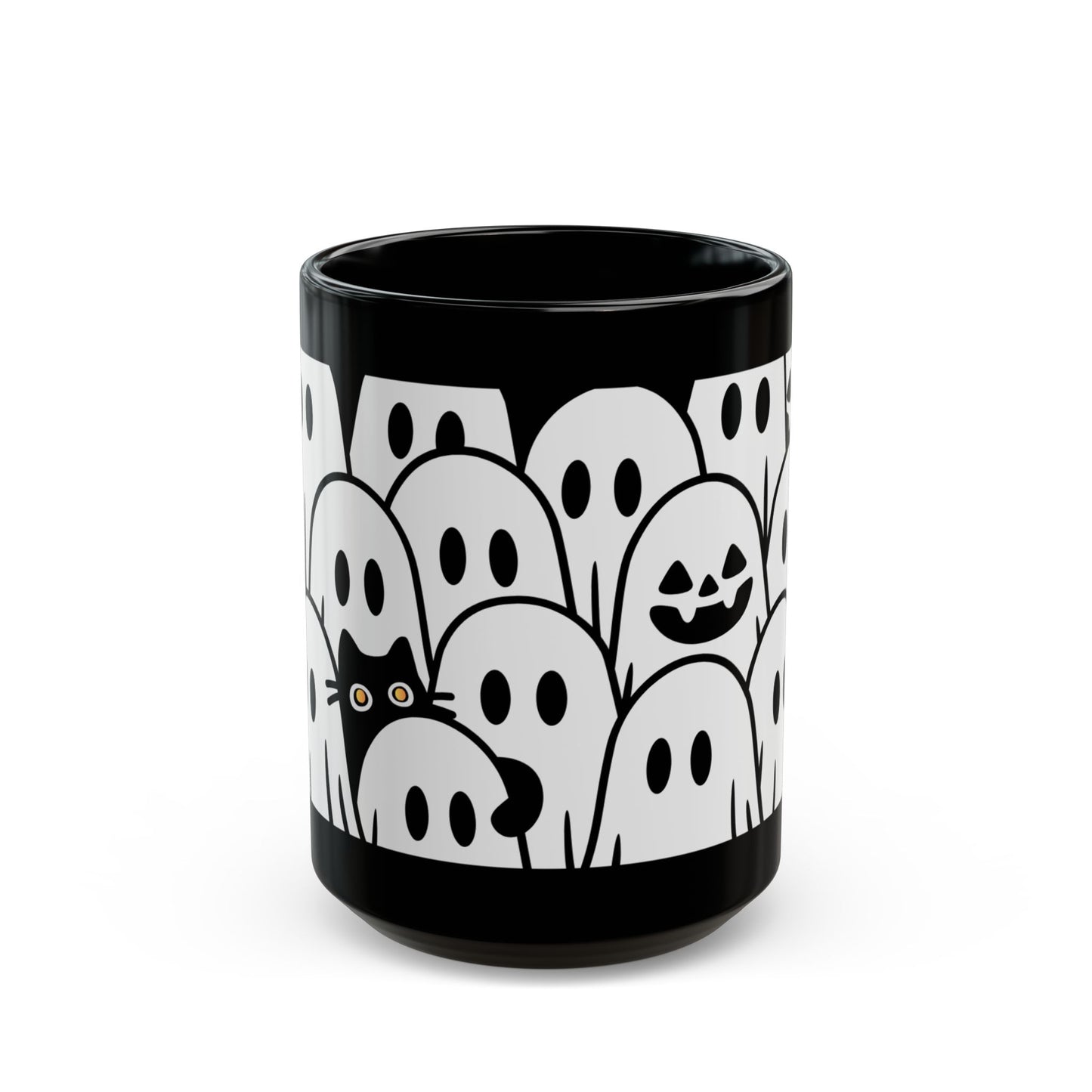 Halloween Ghosts Black Mug - Spooky Coffee Cup, Cute Mug for Halloween, Ghost Lovers, Unique Gift, 11oz & 15oz options