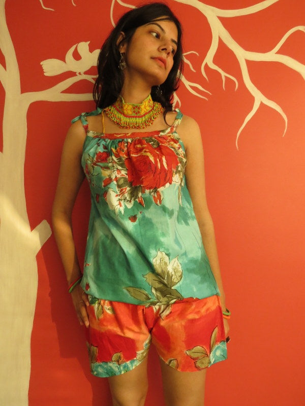 Red Teal Floral Shorts-3