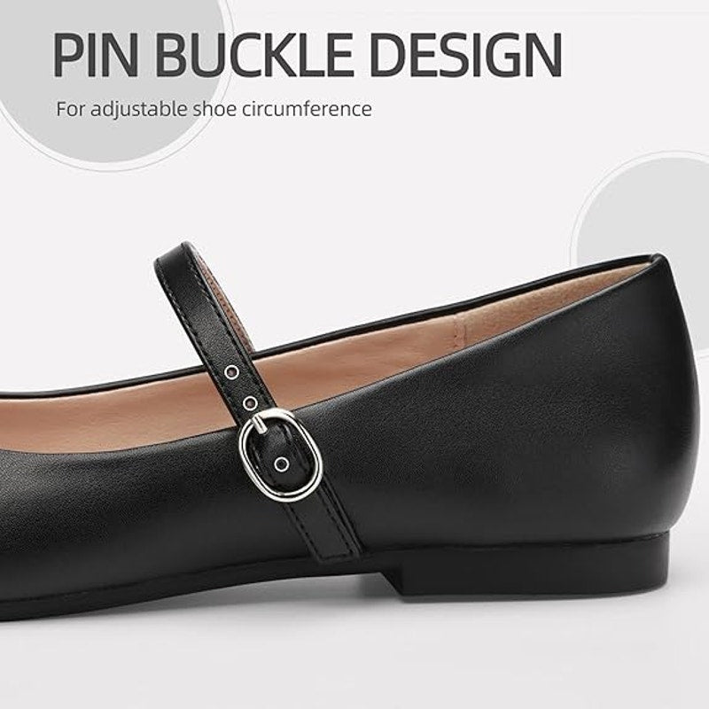 Athmile Womens Size 8.5 Black Faux Leather Mary Jane Flats Buckle Strap Shoes