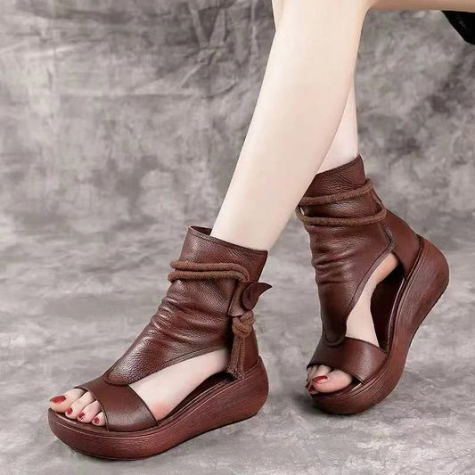 High Quality Miaoguan Women's Sandals Mid Heels Wedge Shoes Ladies Vintage PU Leather Mujer Sapato Feminino