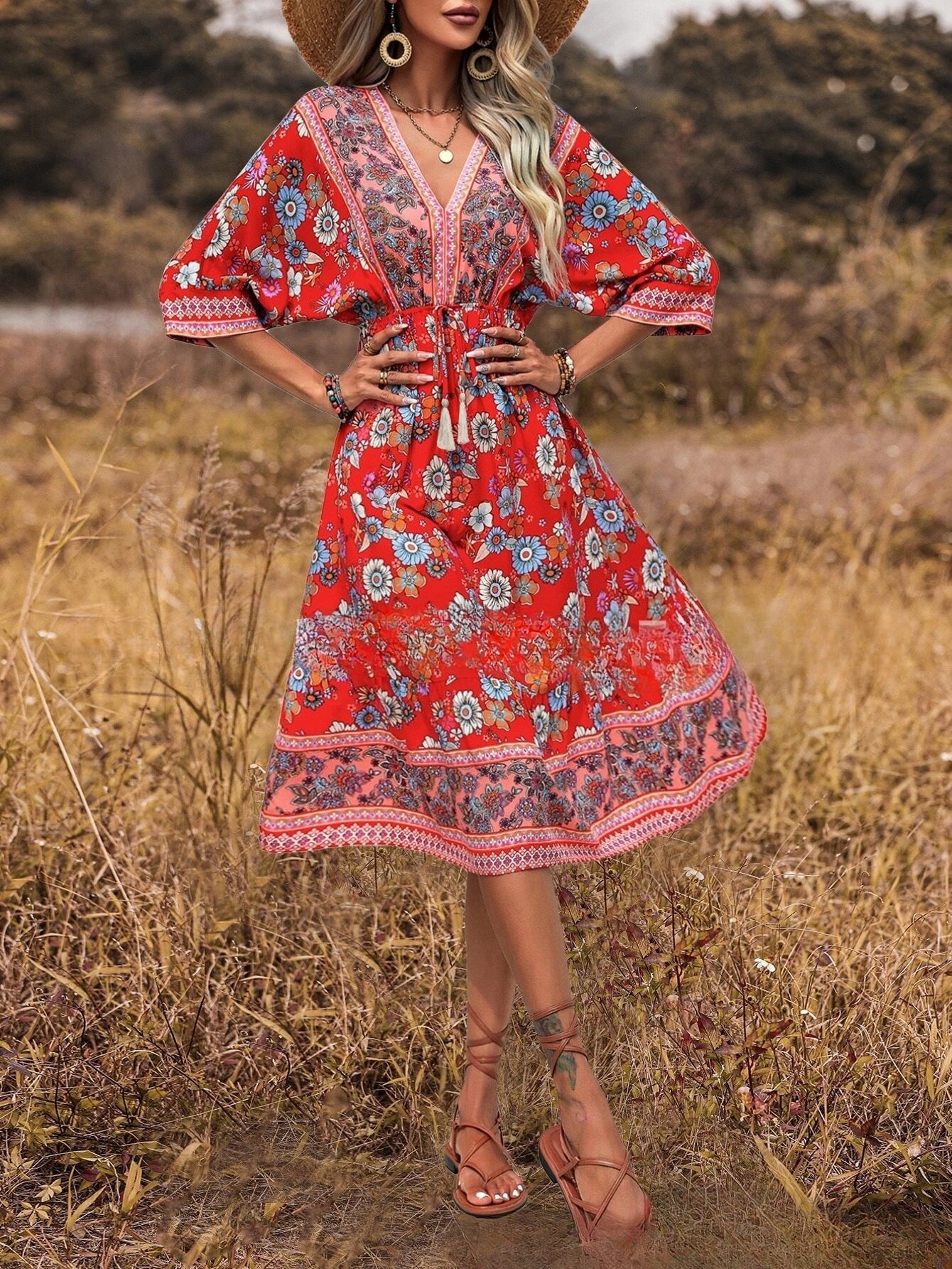 Women's Bohemian Dress Printed Vacation Beach Midi Dress