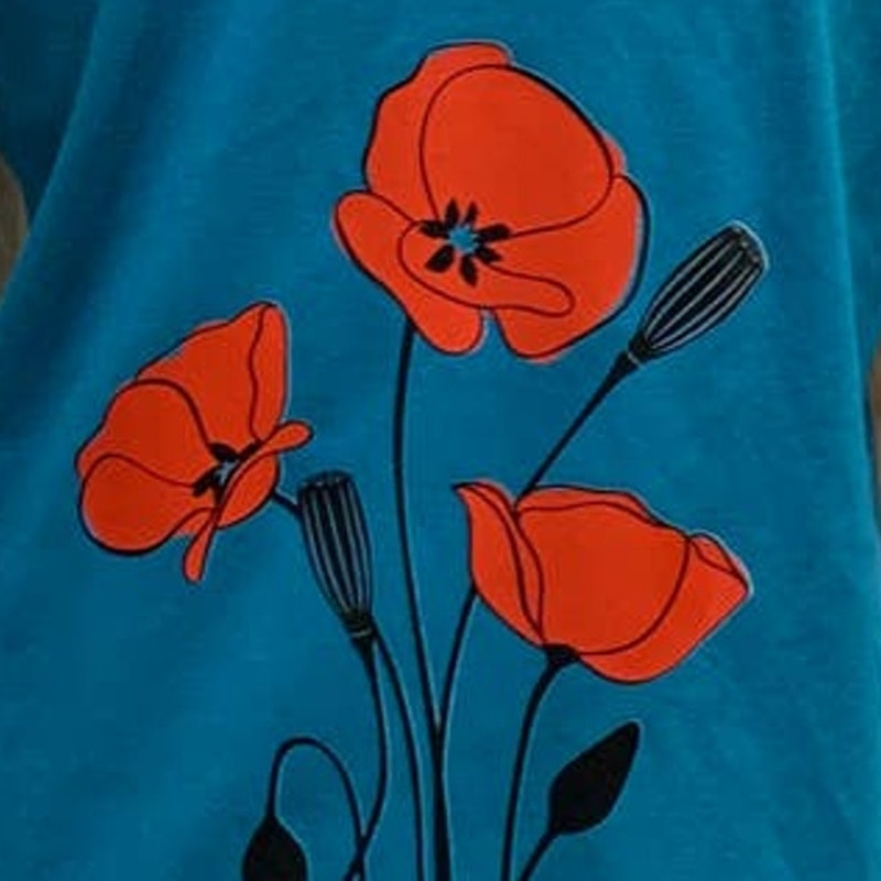Hand Printed Upcycled Womens Small Red Poppy Flower Supima Cotton V-Neck Tee
