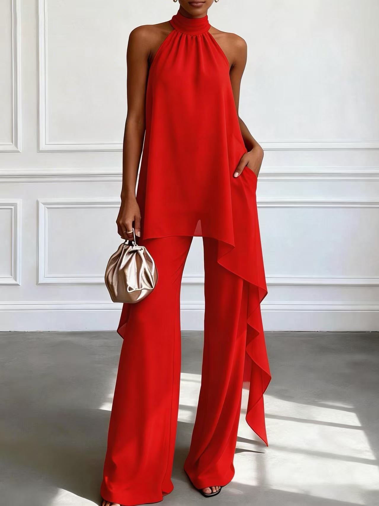 Womens Backless Sleeveless Irregular Top And Pants Two-Piece Set