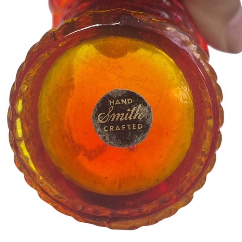 Vintage Smith Hand Crafted Orange Yellow Glass Trinket Flower Basket w Handles