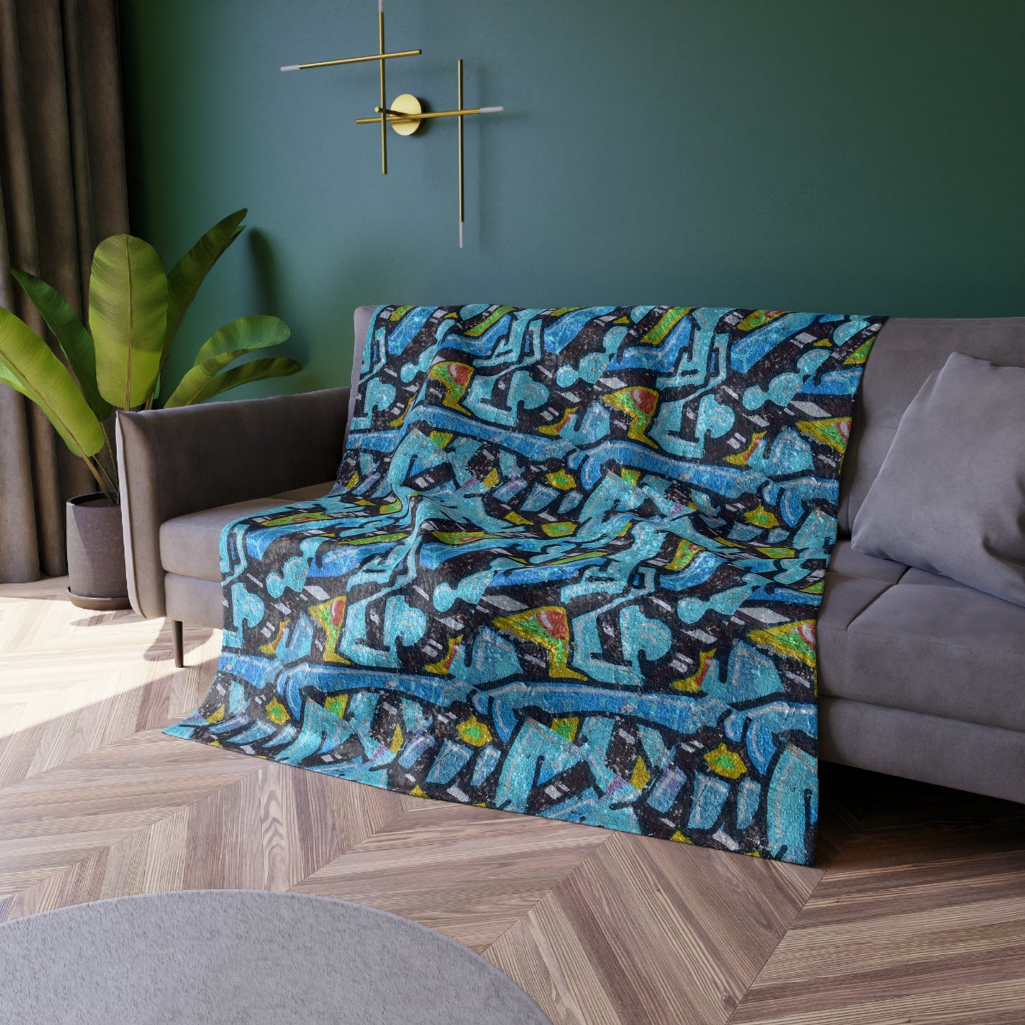 Crushed Velvet Blue Graffiti Blanket — Abstract Blue Graffiti Pattern Throw