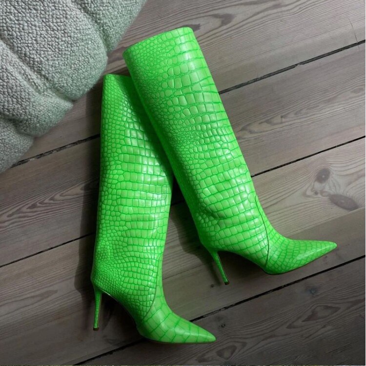 New Womens Pointed Toe Crocodile Pattern Knee Thigh Boots Stilettos High Heel Shoes Plus Size 9 Colors