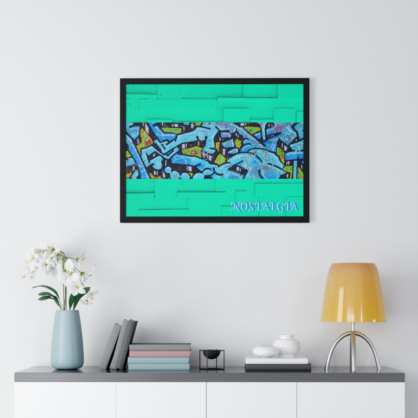 Nostalgia Graffiti Horizontal Framed Poster — Teal Urban Street Art Print