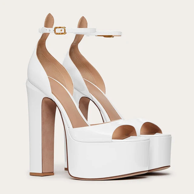 New Sexy Party Women's Pumps Patent Leather Summer Sandals Thick High Heel Platform Fish Mouth Shoes Black White Big Size
