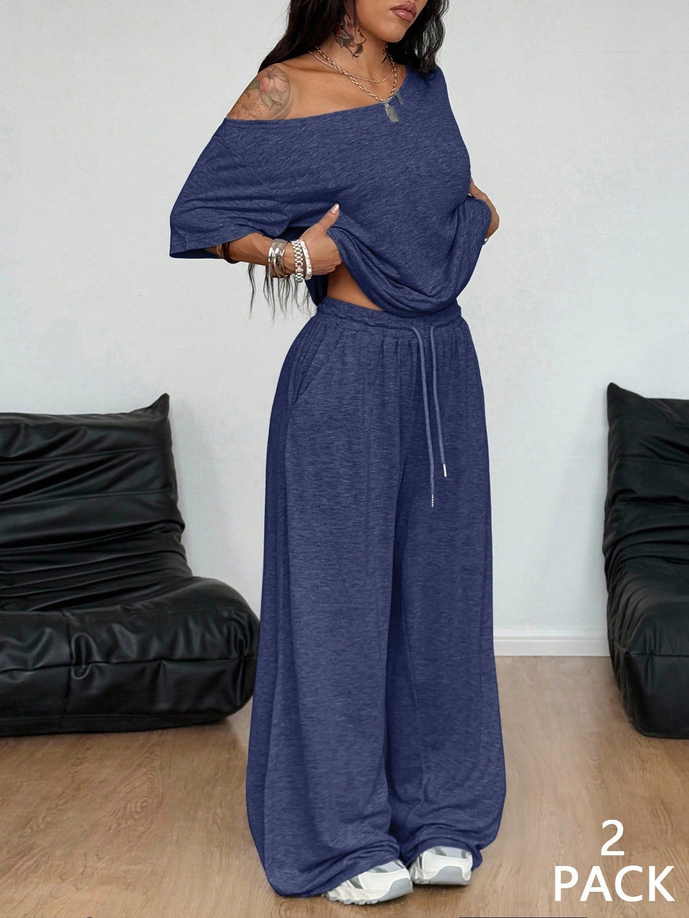 Casual 2 Pieces Set For Woman Two Piece Outfits Blusas T Shirt Tees Simple Style Homewear Loose Solid Color