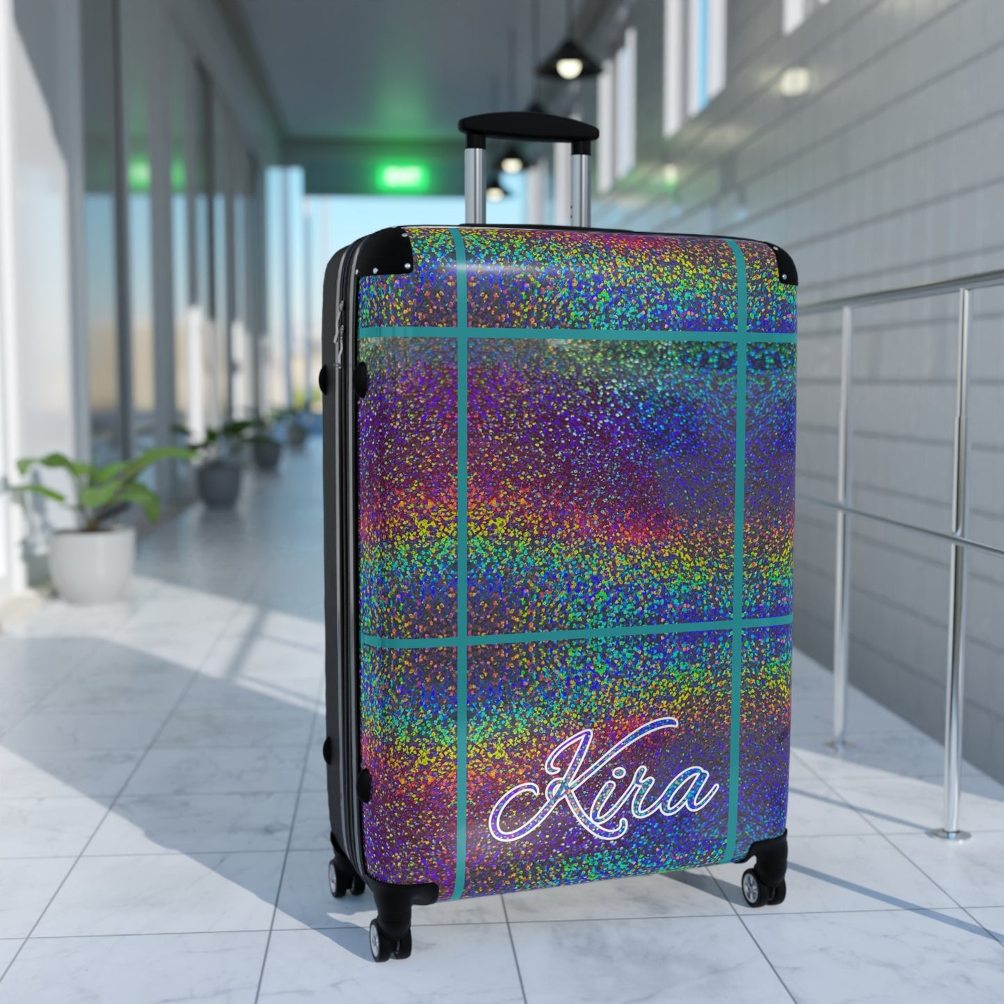 Personalized Name Holographic Glitch Pattern Print Suitcase Colorful Travel Luggage: WARNING - May Cause Uncontrollable Compliments