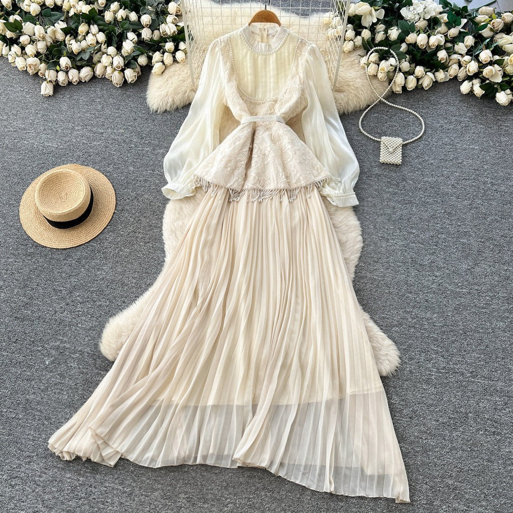 Premium Beaded Lantern Sleeve Tassel Dress –Tie-Waist A-Line Midi, Office Elegant Shift Dress
