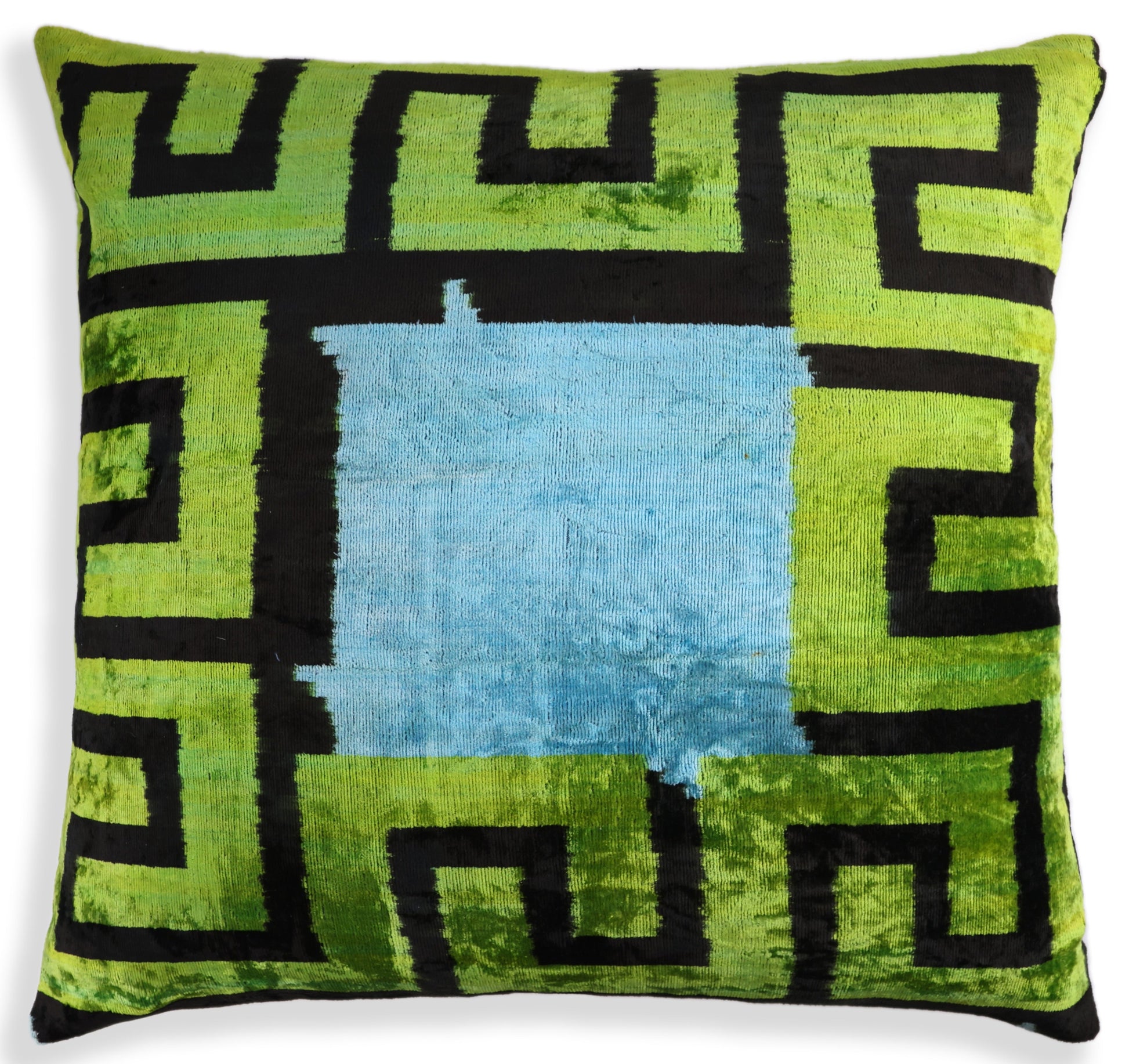 Greek Key Velvet Pillow in Green & Blue – Handmade 24x24 Inch Square-0