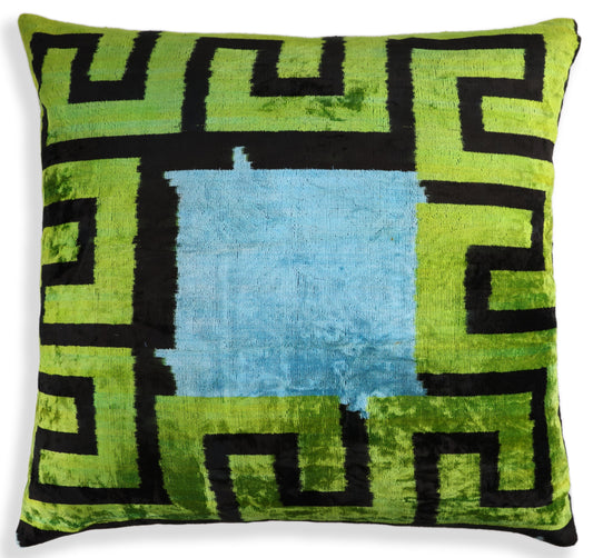 Greek Key Velvet Pillow in Green & Blue – Handmade 24x24 Inch Square-0