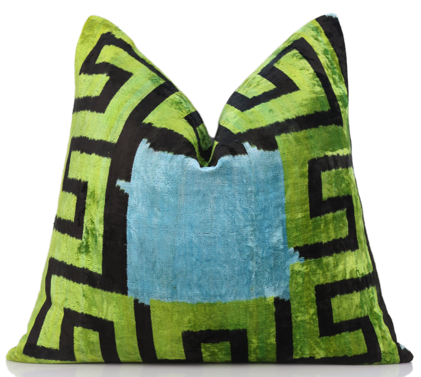 Greek Key Velvet Pillow in Green & Blue – Handmade 24x24 Inch Square-4