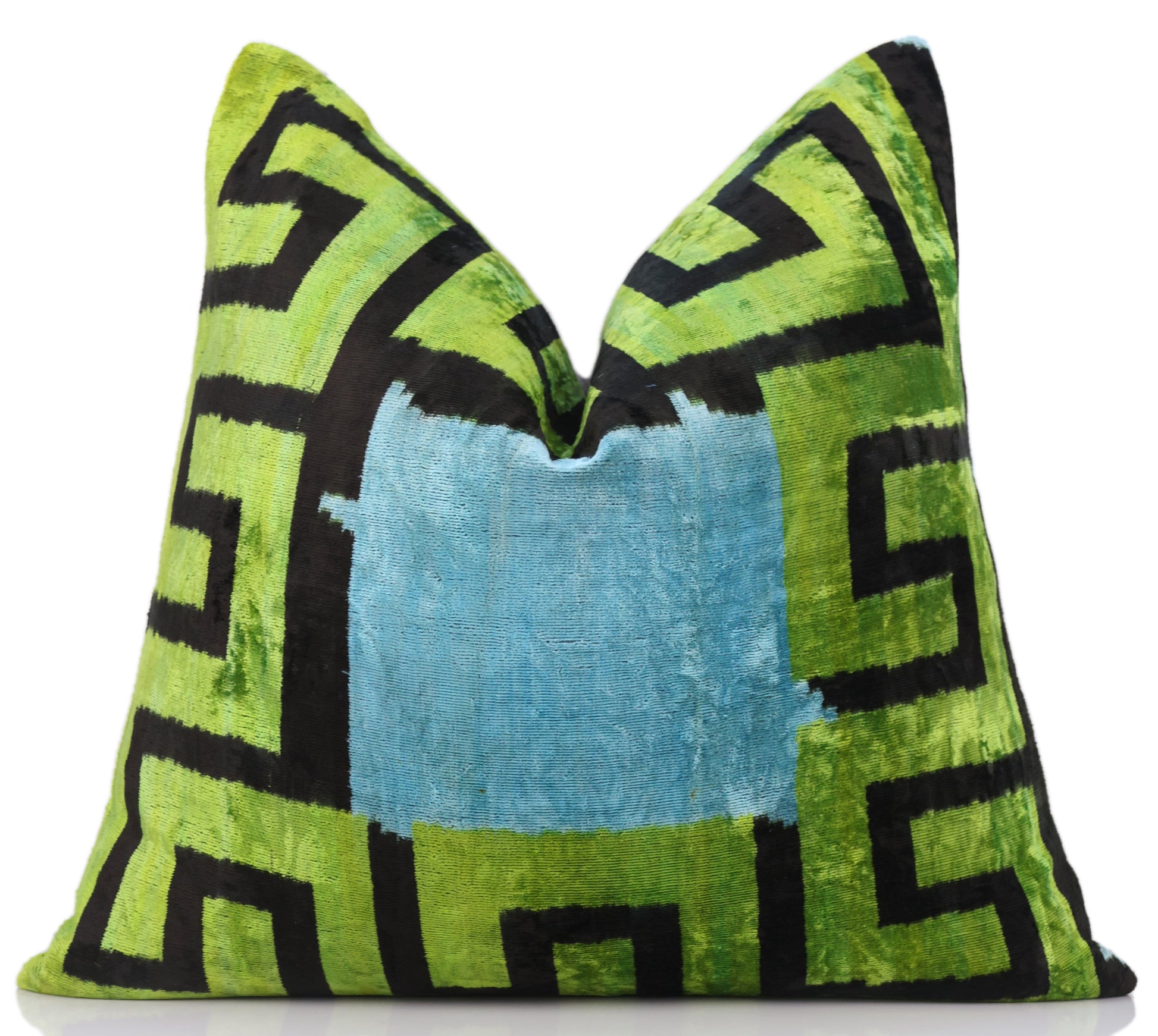 Greek Key Velvet Pillow in Green & Blue – Handmade 24x24 Inch Square-4
