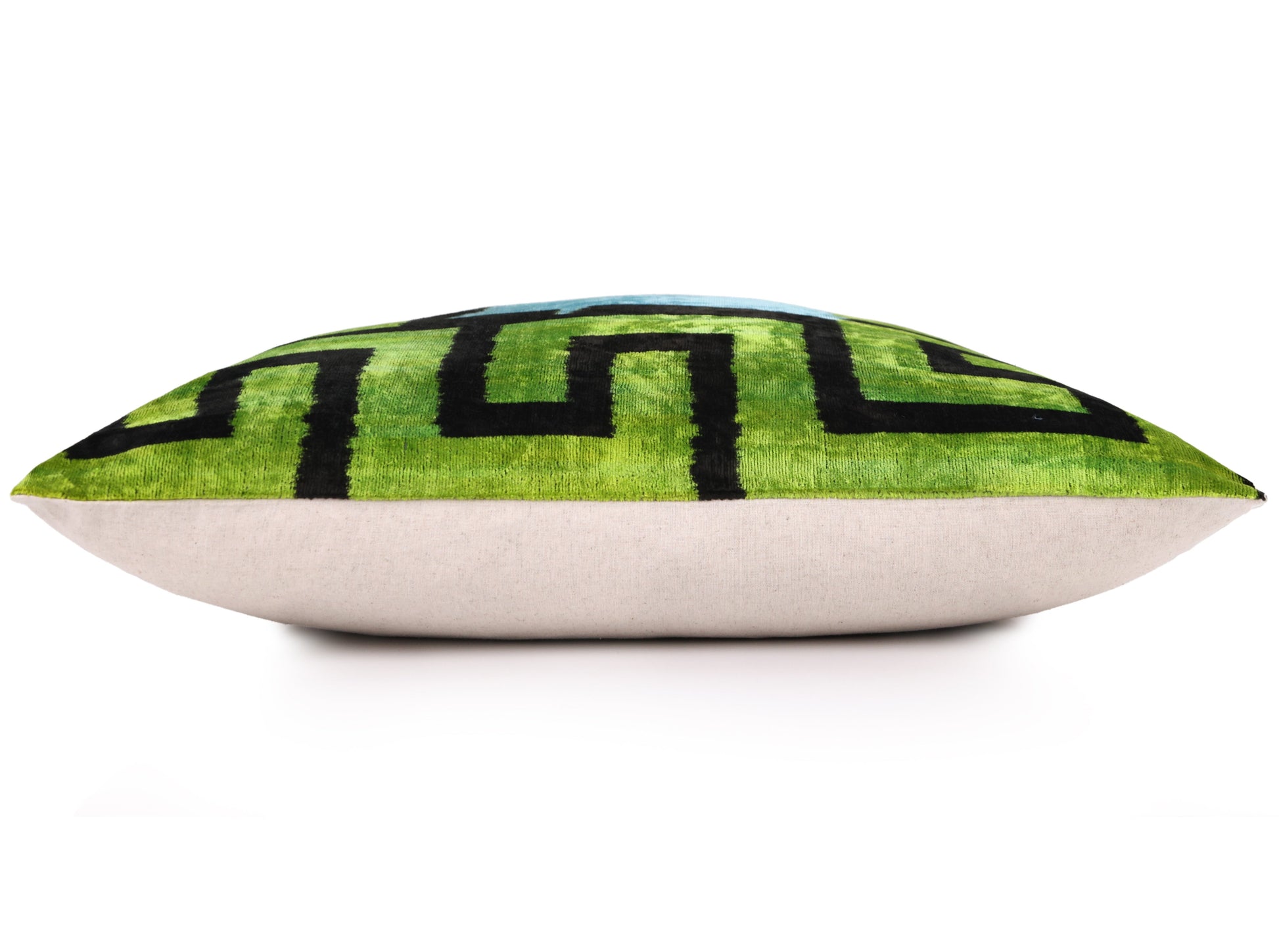 Greek Key Velvet Pillow in Green & Blue – Handmade 24x24 Inch Square-2