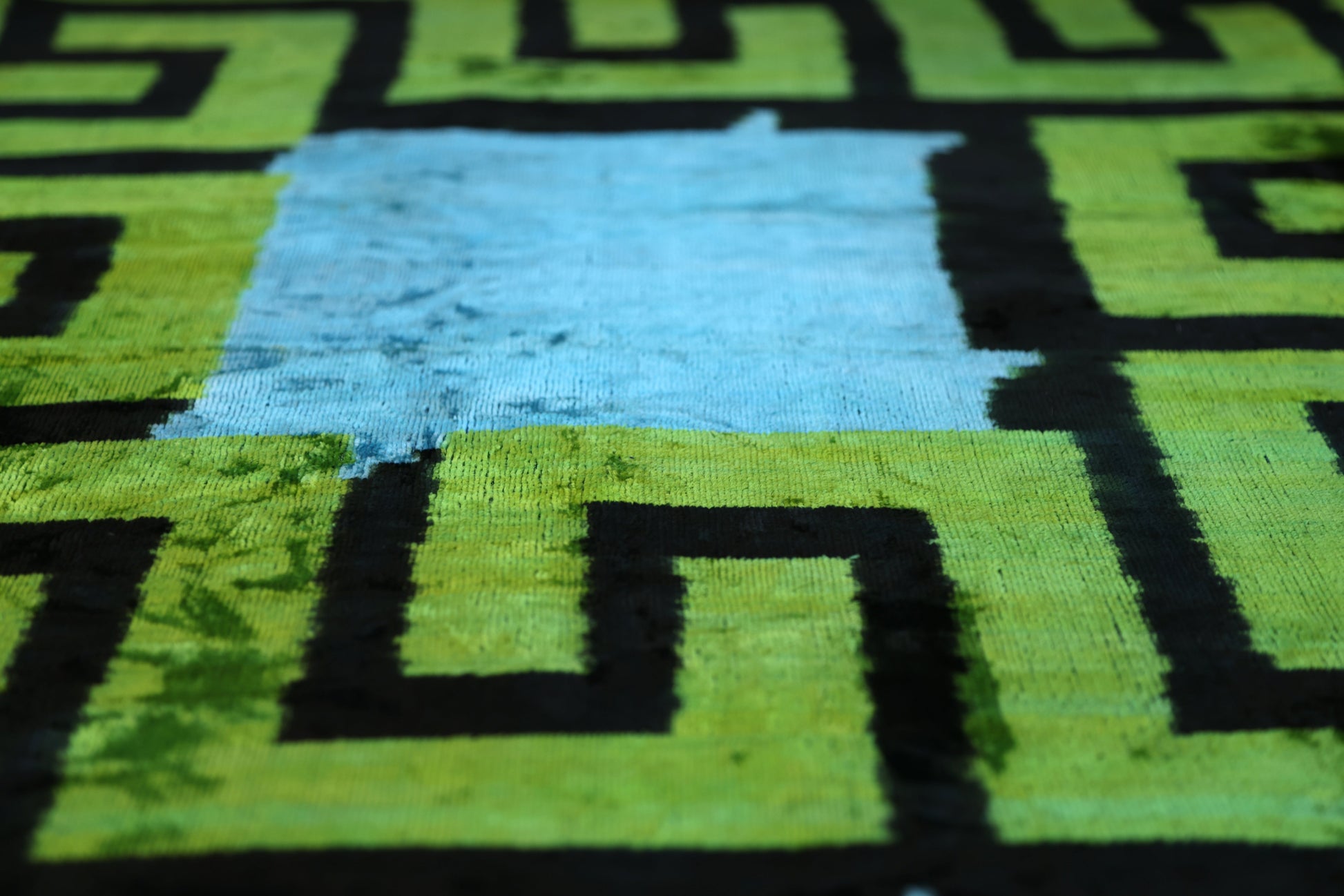 Greek Key Velvet Pillow in Green & Blue – Handmade 24x24 Inch Square-3