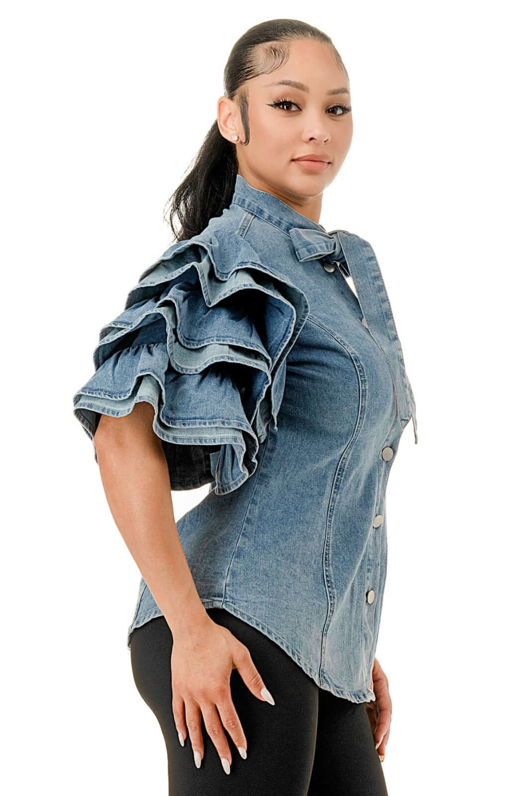Denim Bow Blouse with Ruffle Sleeves {GREAT STRETCH}