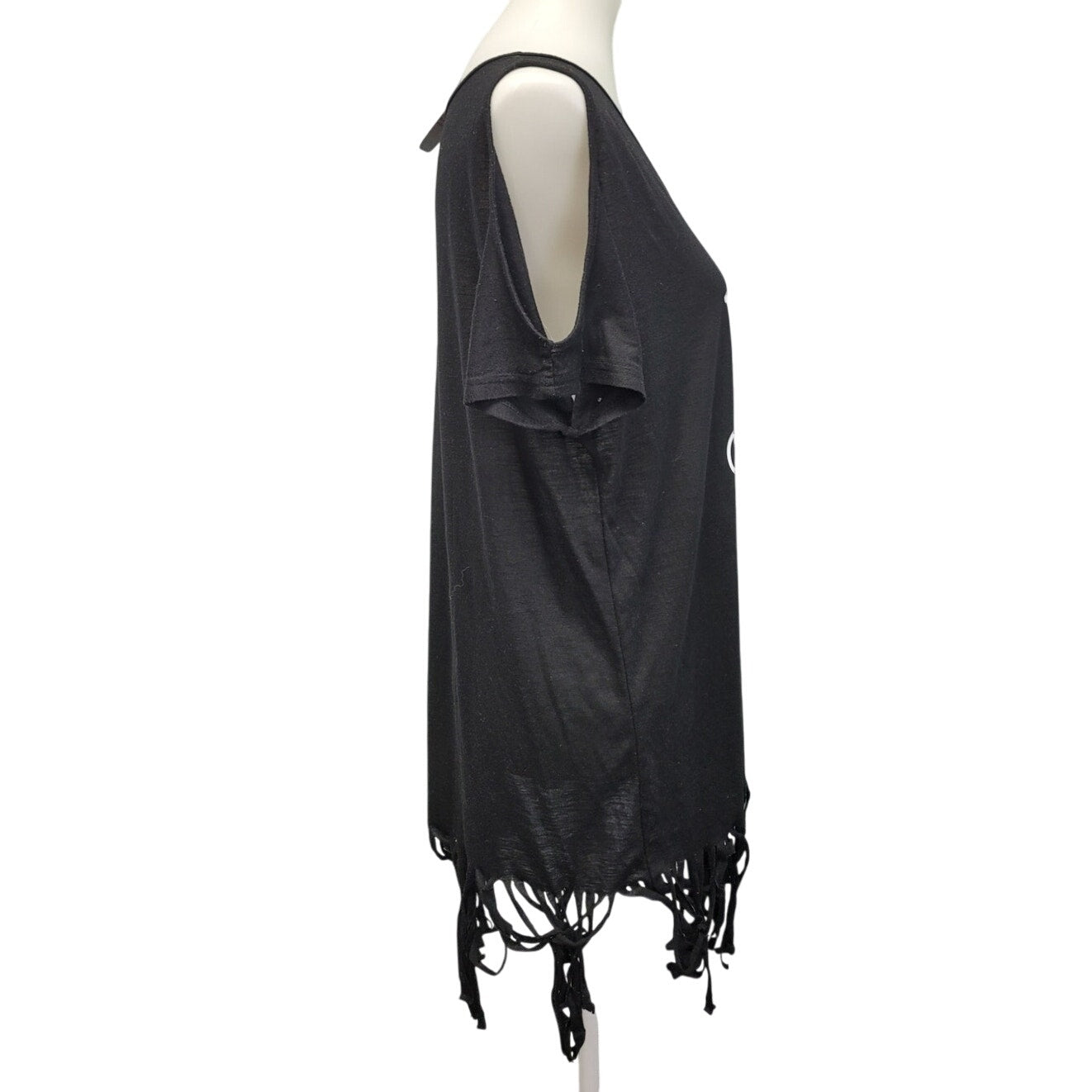 Hand Printed Upcycled Womens Small Mini Mayhem Cold Shoulder Fringed Shirt