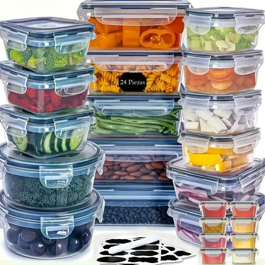 Stacks of clear food storage containers with various foods inside, including fruits and vegetables.