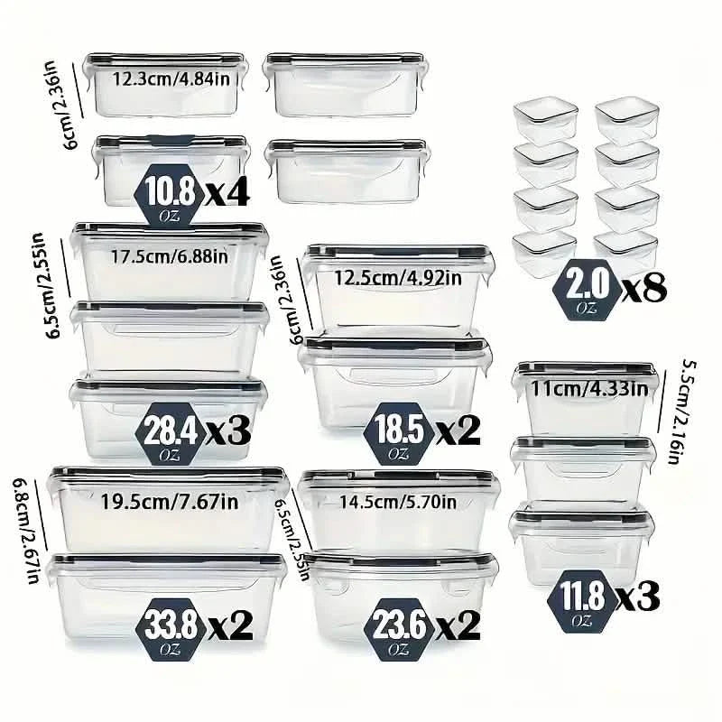 Set of clear storage containers with labels showing dimensions and weights on a white background.