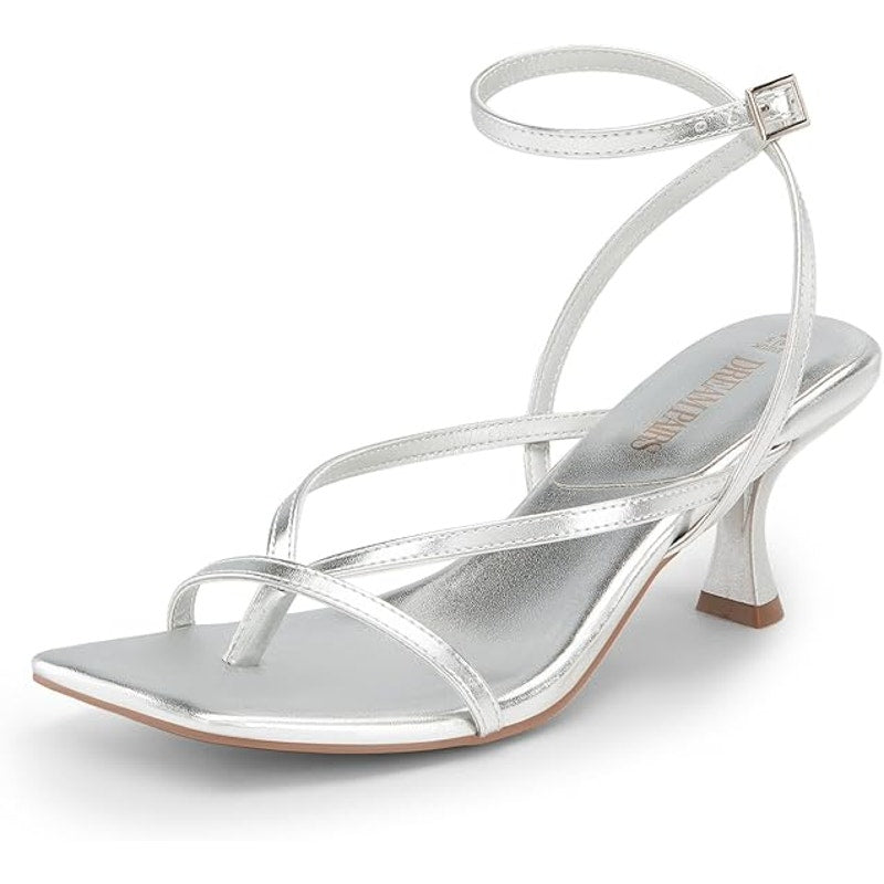 Dream Pairs Womens Size 7.5 Silver 3" Heel Open Square Toe Ankle Strap Shoes