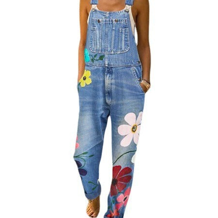 Printed jeans with non elastic straps and long pants straight tube