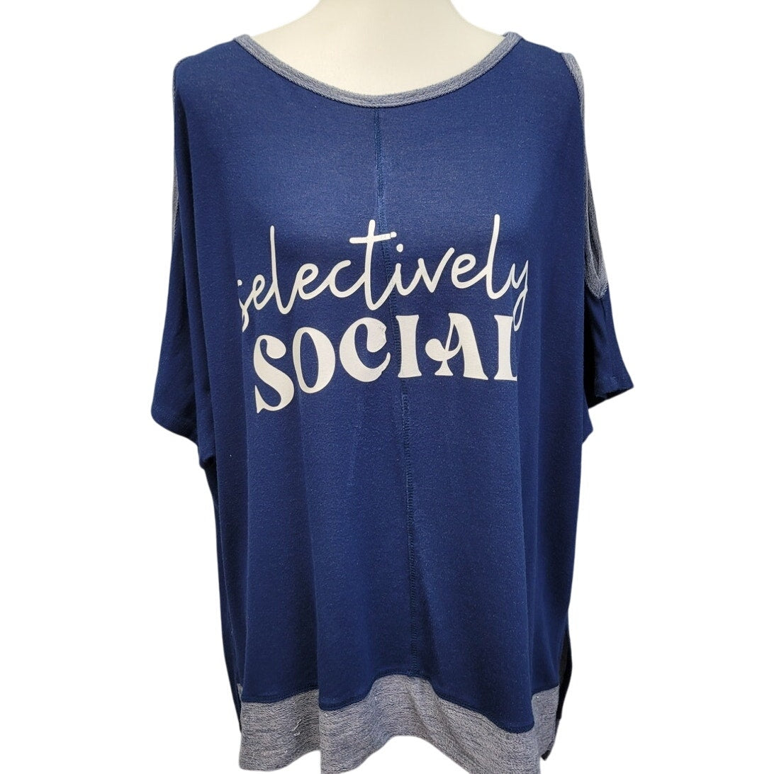 Hand Printed Upcycled Womens Large Selectively Social Cold Shoulder Shirt Top