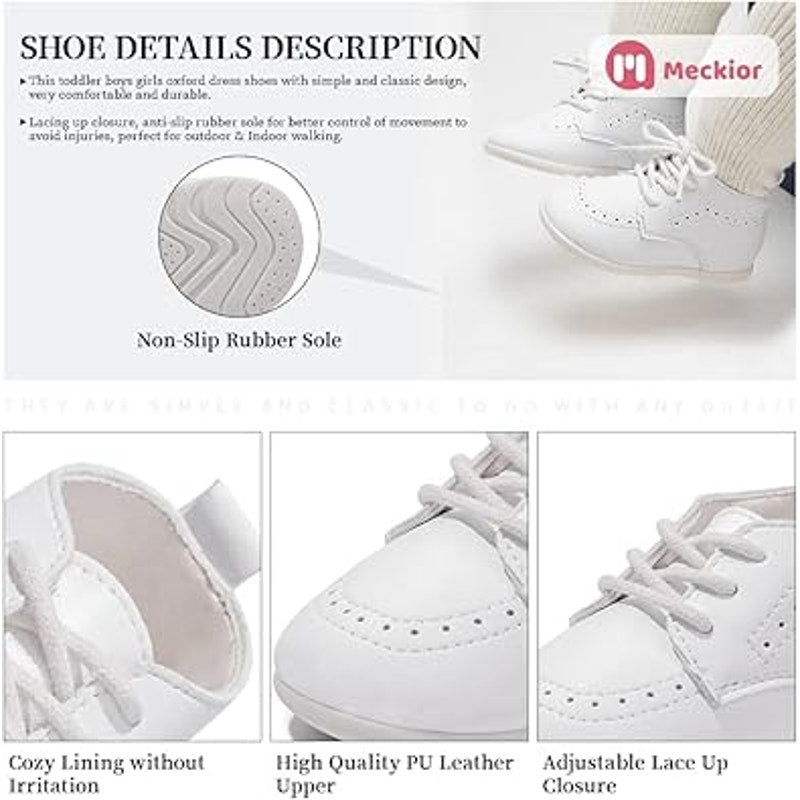 New Meckior Infant Baby 6-12 Mos White Lace Up Classic Faux Leather Crib Shoes