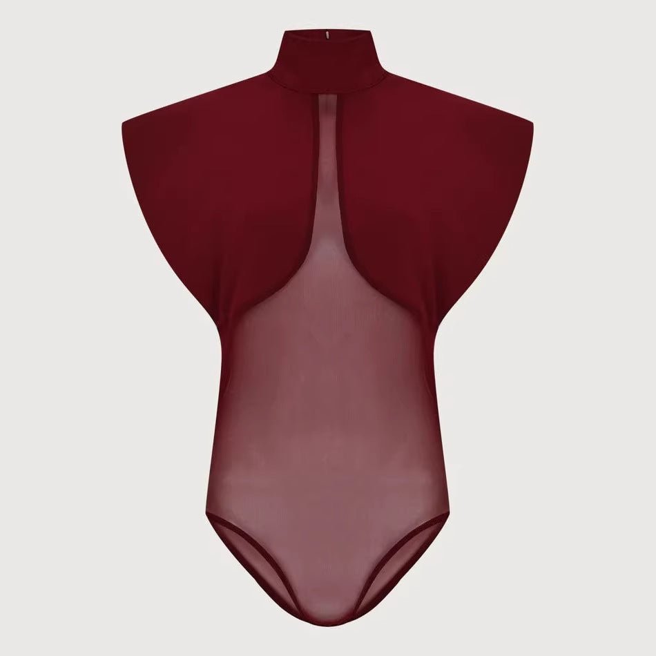 Wine red stand collar sleeveless mesh spliced jumpsuit with high-end split trousers set