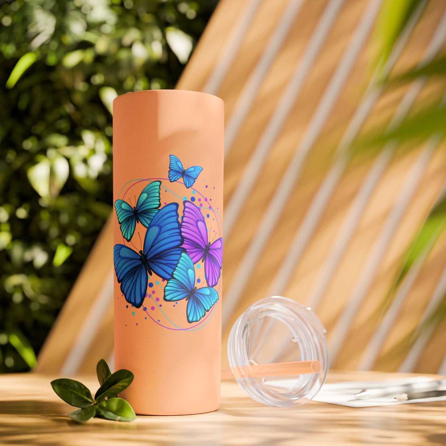 Butterfly Design Skinny Tumbler with Straw - 20oz Travel Mug