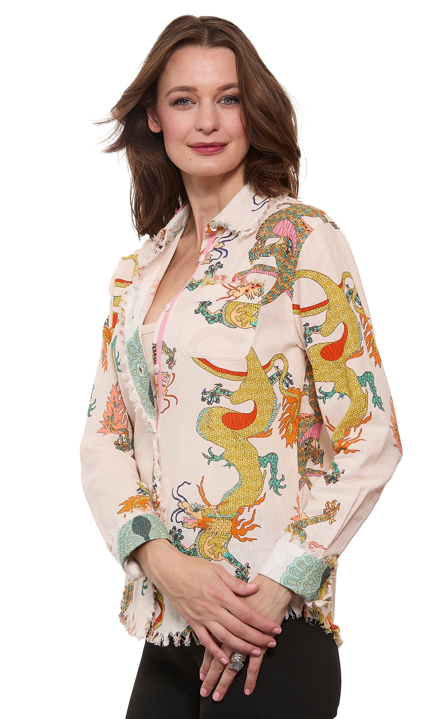Cape Cod Top Natural Dragon Print On Cotton Linen