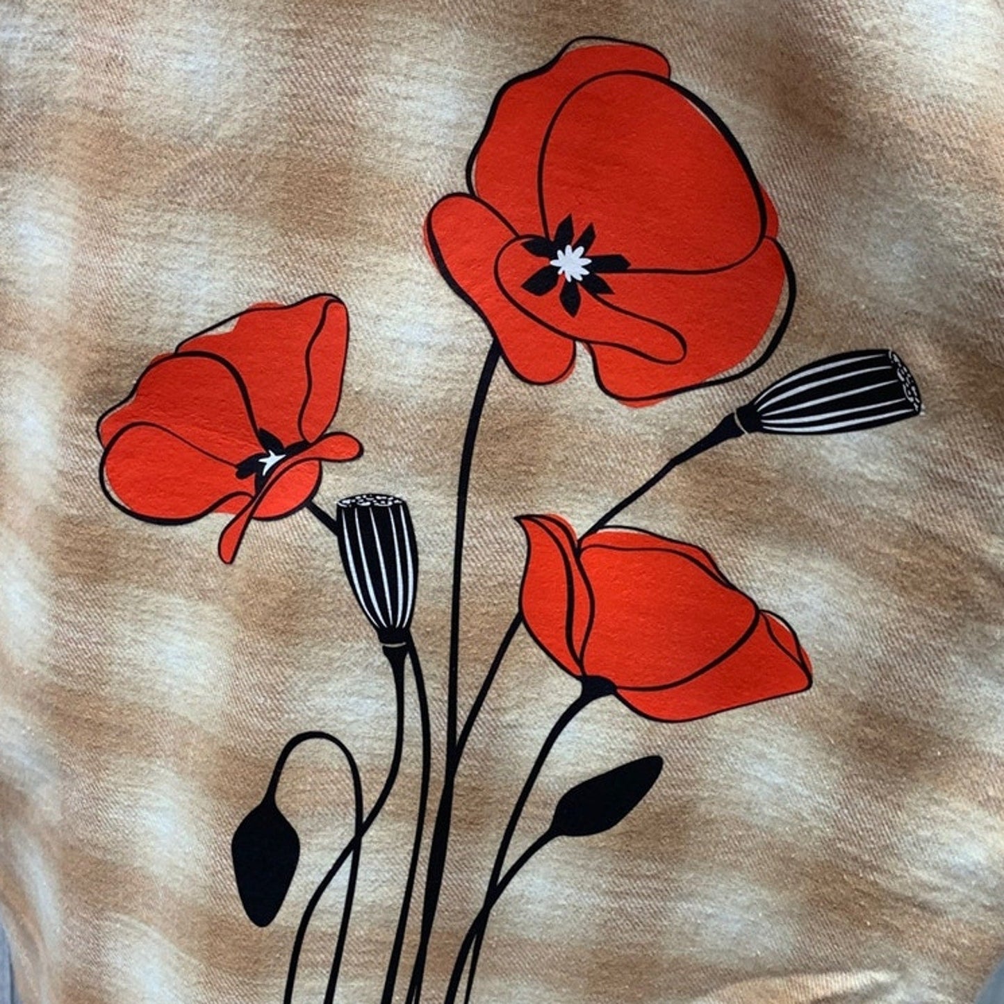 New Hand Printed Womens 3XL Red Poppy Flower Long Sleeve Plaid Flannel Hoodie