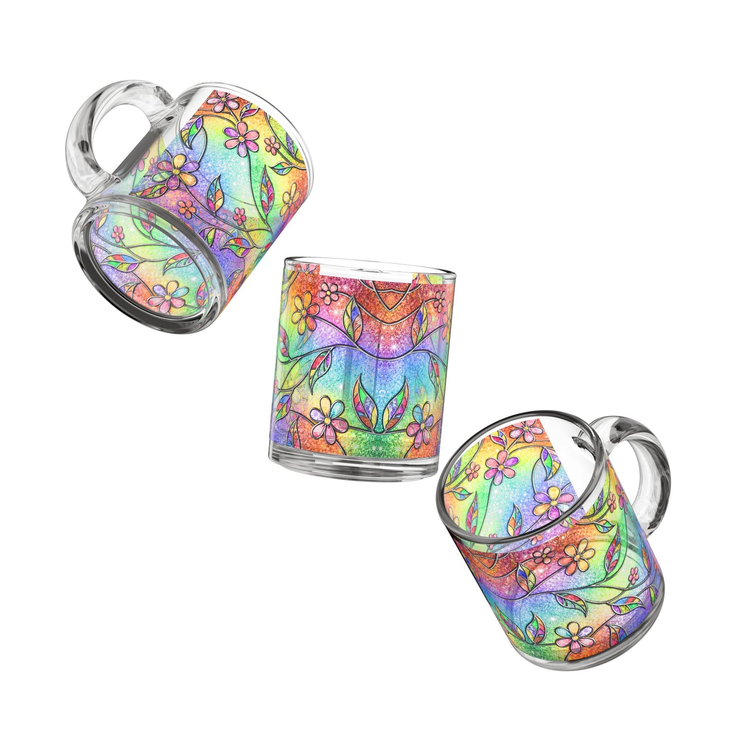 Rainbow Floral Pattern Glass Mug 10oz Colorful Flower Design