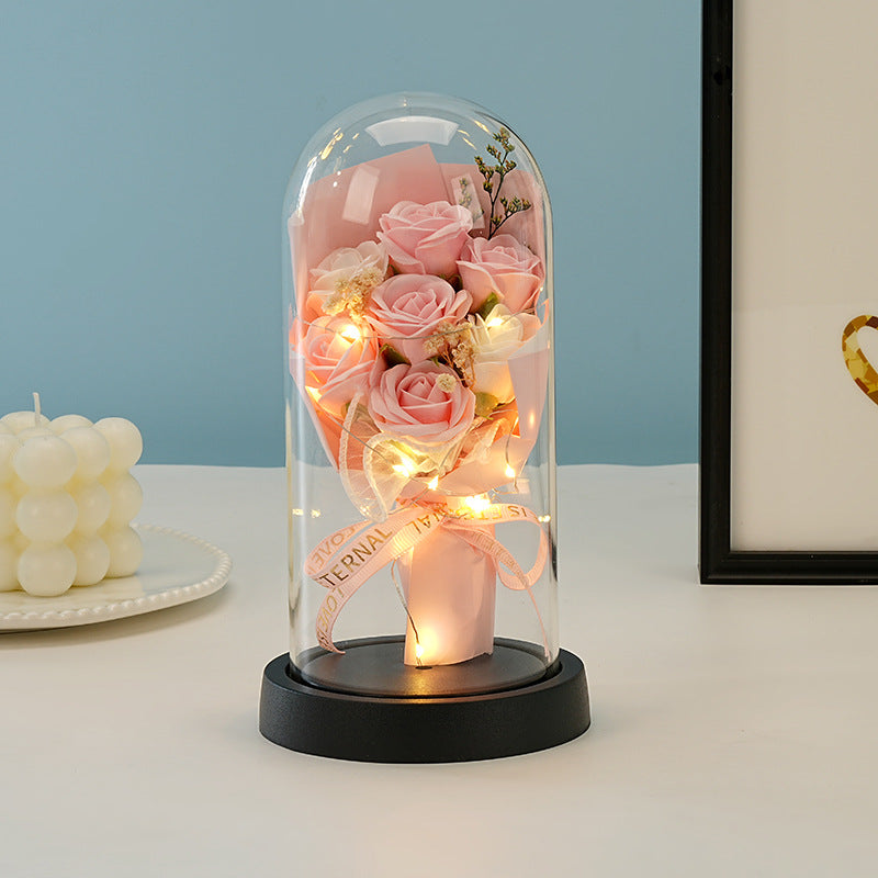 Eternal Rose Flower Bouquet Glass Dome Night Light Decoration Dried Flowers Baby's Breath Valentine's Day Gift for Her