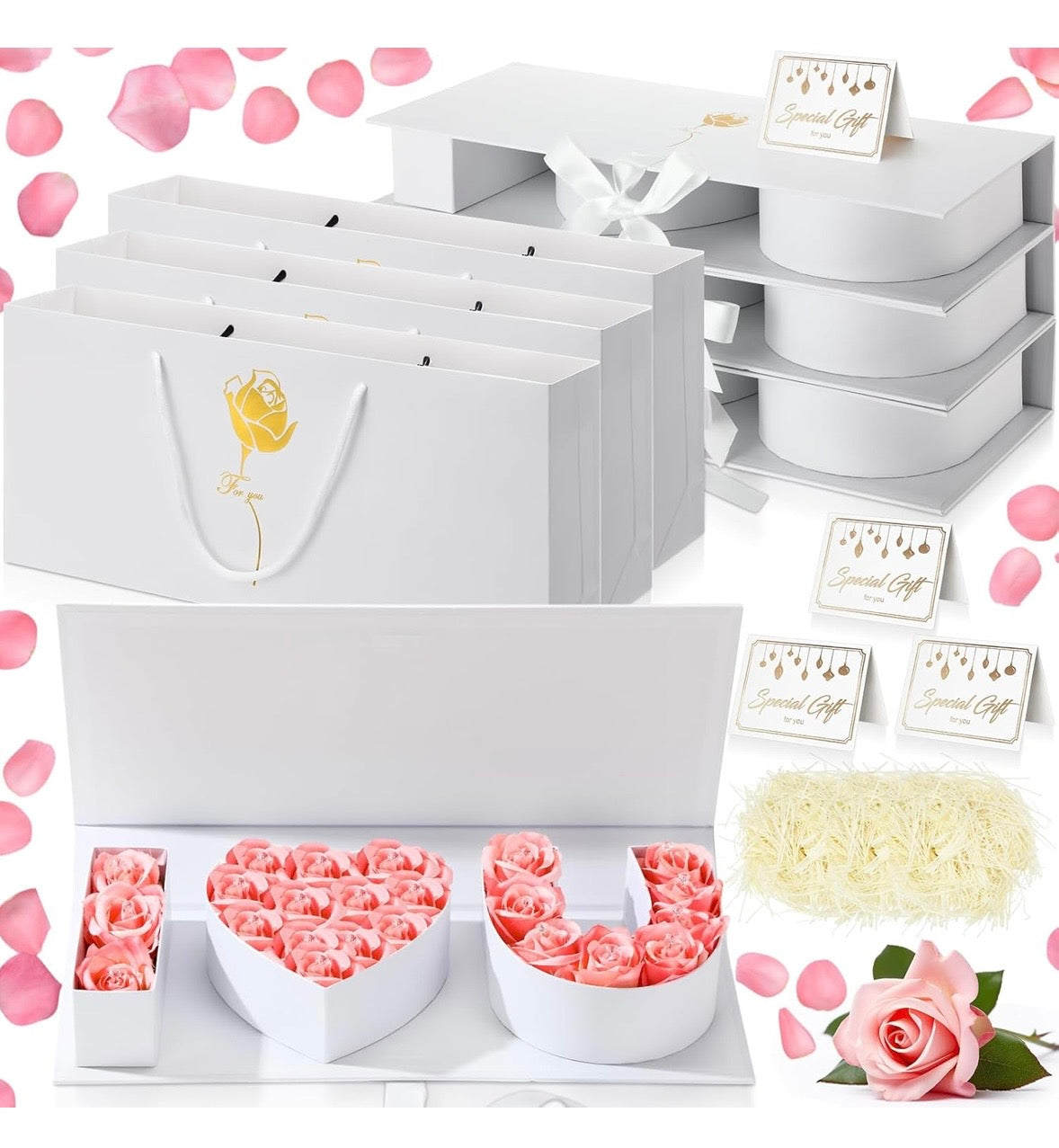 "I Love You" Box Cardboard 3 Fillable Flower Box 3 Gift Bags 3 Greeting Cards Raffia Paper Shreds for DIY Valentine's Day Wedding Bridal Shower Birthday Chocolate Gifts Packaging