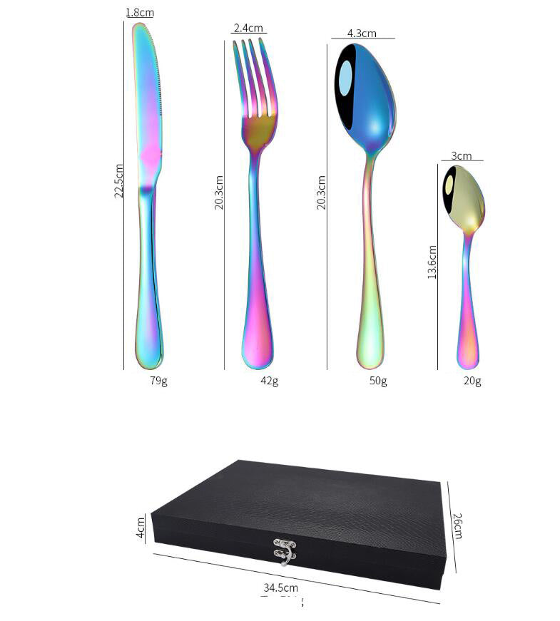 24PCS Tableware Flatware Set Non-fading Cutlery Sets 18/10 Stainless Steel Dinnerware Rainbow Dinner Kitchen Home Wood Gift Box