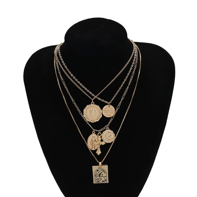 Vintage 4 Set Separable Chain Multi Layer Pendant Choker Necklaces Virgin Mary Jesus Cross Totem Square Jewelry Gift