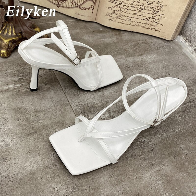Fashion Ankle Buckle Strap Women Sandals Sexy Summer Square Head Clip Toes Flip Flops Thin High Heels Ladies Party shoes