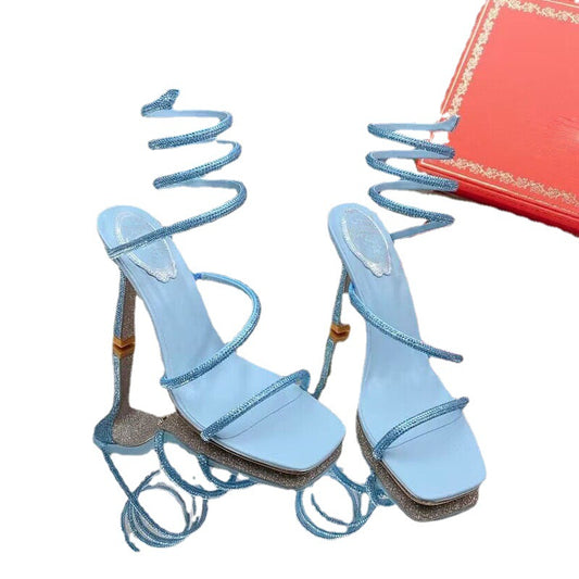 Summer High Heels Sandals Women Square Peep Toe Rhinestone Ankle Snake Twine Around Wedding Shoes Women Stiletto Sandals Woman