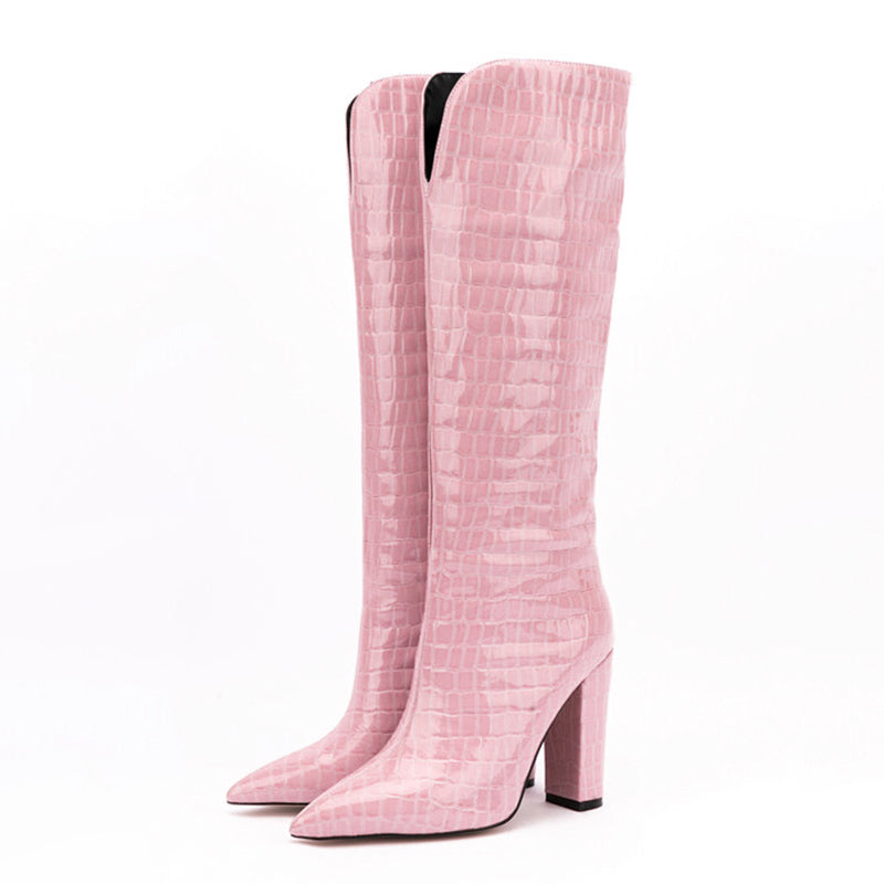 Women's Shoes New Autumn Square High Heel Pointed Toe Black Beige Dress Party Female Knee High Boots Big Size 34-43
