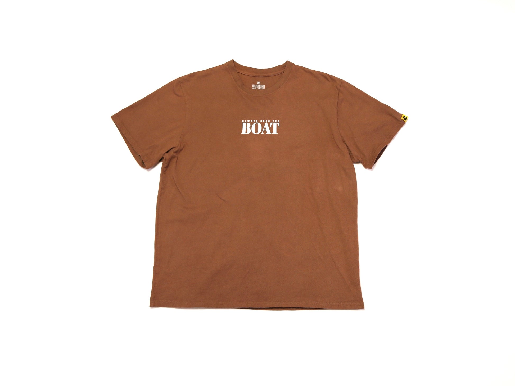 A brown short-sleeve crewneck t-shirt with 'BOAT' printed in white block letters on the chest, displayed flat against a plain white background.