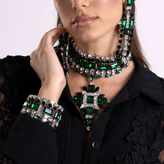 Green Corss Pendant Choker Bridal Collar Charms Party Accessories Statement Necklace Rhinestone Jewelry Pendant Wholesale Gift