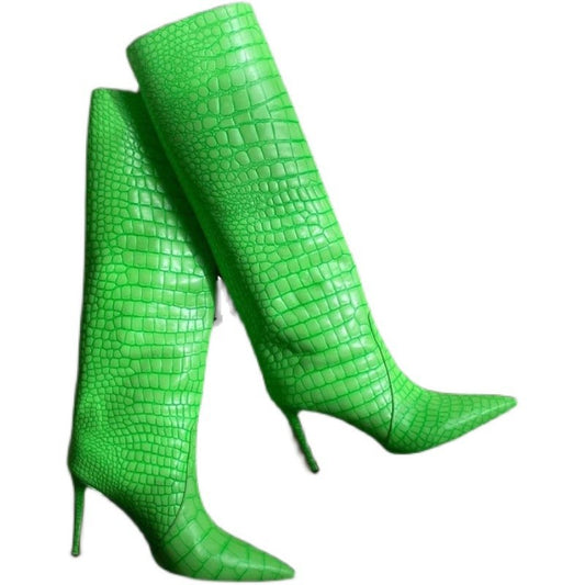 New Womens Pointed Toe Crocodile Pattern Knee Thigh Boots Stilettos High Heel Shoes Plus Size 9 Colors