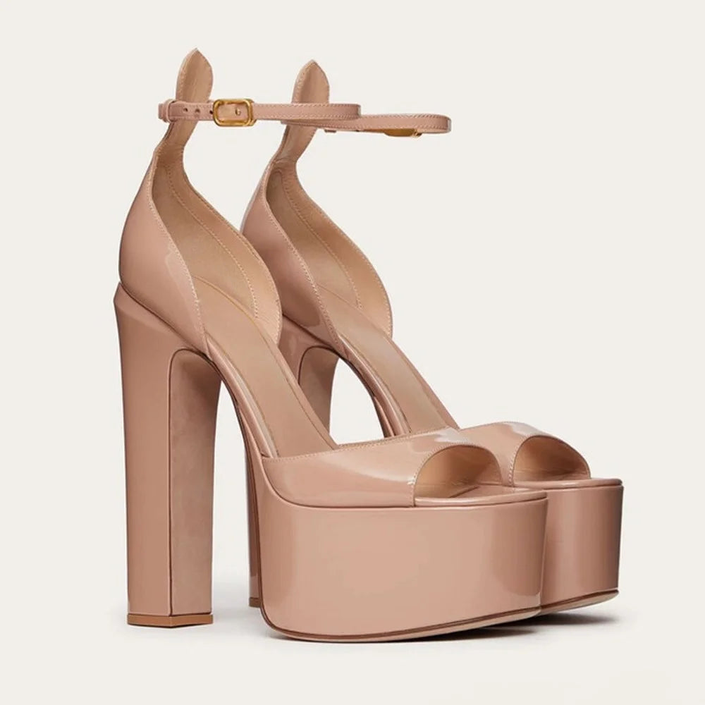 New Sexy Party Women's Pumps Patent Leather Summer Sandals Thick High Heel Platform Fish Mouth Shoes Black White Big Size