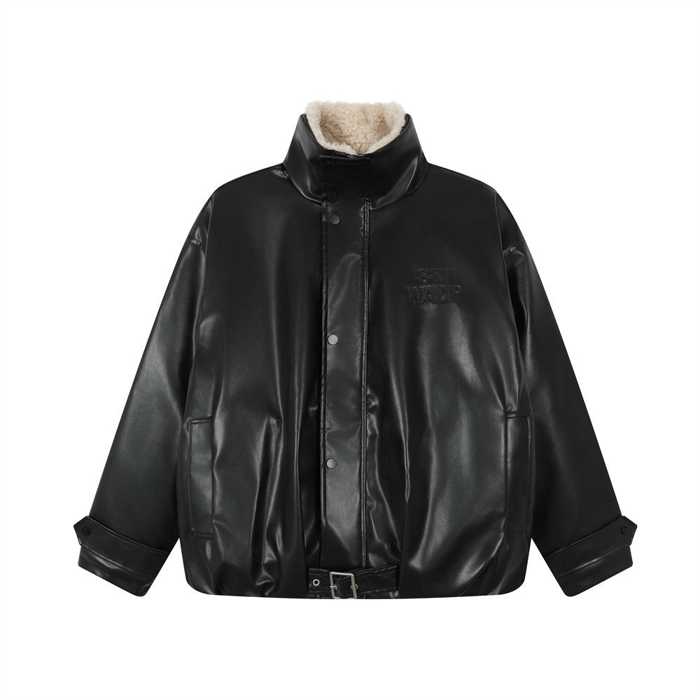 Cotton padded thick high neck PU leather jacket