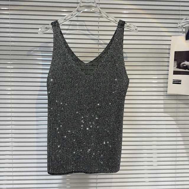 Hot pressed diamond collar knitted camisole vest women's top