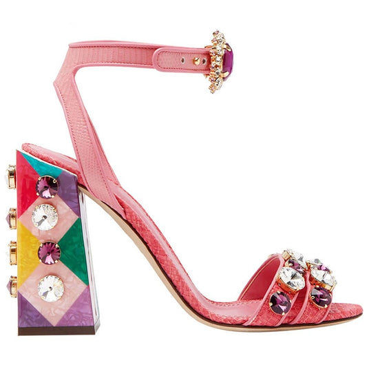 Luxury women's pink ankle-strap sandals with colorful jeweled block heels, crystal embellishments, open toe design, and sheepskin upper on a white background. Perfect for parties, weddings, proms, and special occasions.
