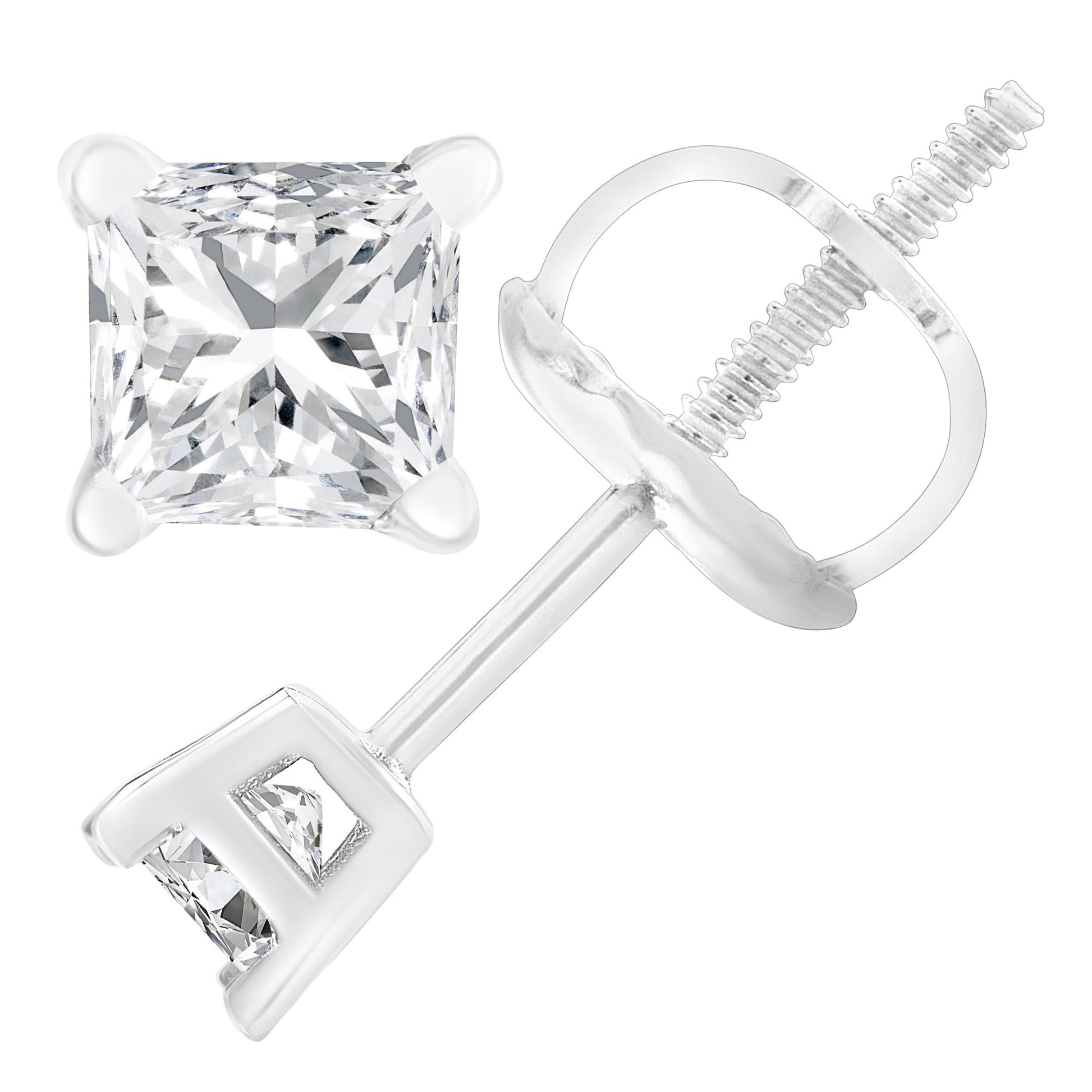 AGS Certified 18K White Gold 1.0 Cttw 4-Prong Set Princess-Cut Solitaire Diamond Screw Back Stud Earrings (E-F Color, SI2-I1 Clarity)-1